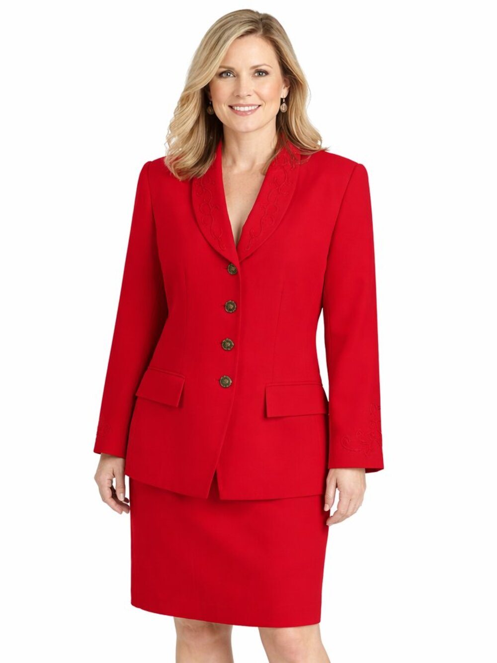 Kasper ASL Skirt Suit Size 14 Red Embroidered Flap Pockets Long Blazer Textured - Picture 12 of 12